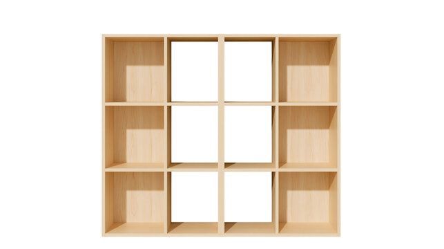 Light wood cube shelving unit with nine compartments, isolated on transparent background