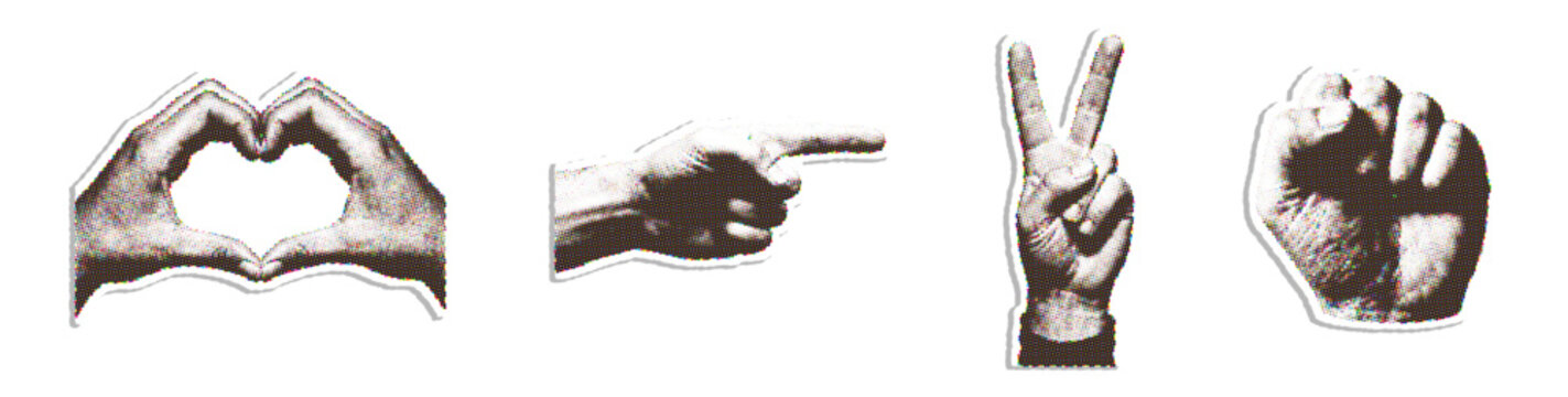 Hand gestures showing heart shape  pointing finger  victory sign  and 