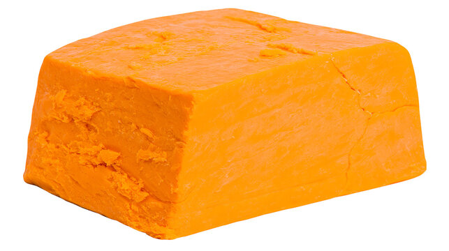 Bright orange cheddar cheese block with rough texture, isolated on transparent background