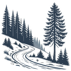 Obraz premium Winding mountain forest trail in winter season vector illustration with mountain