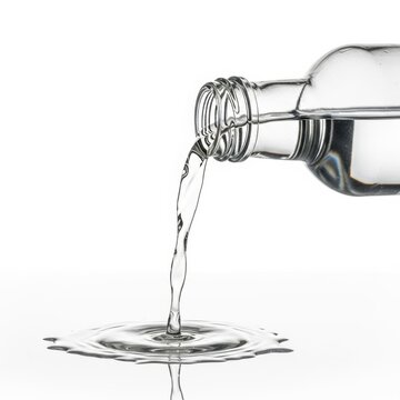Clear liquid pours from transparent glass bottle creating ripples