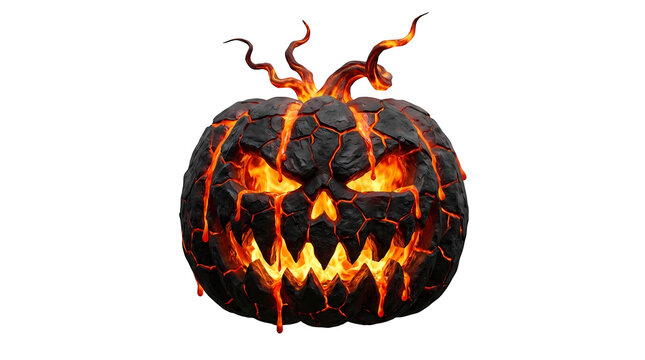 Scary black lava jack o lantern pumpkin with glowing orange fire and jagged flames.