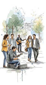 Watercolor illustration of young people hanging out with street musicians in a park.