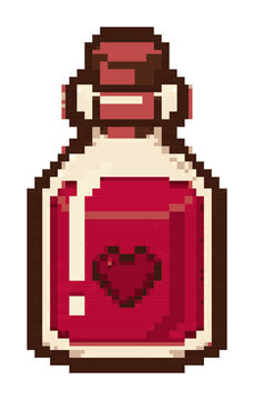 Pixel art red potion bottle with heart symbol in vintage style