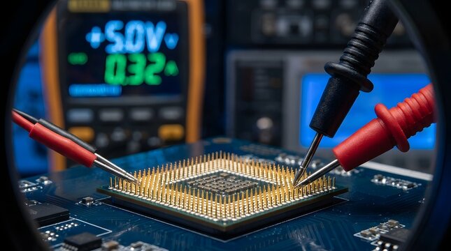 Close up of an electronic circuit board being tested with multimeter probes in a tech laboratory
