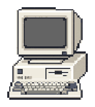 Pixel art vintage desktop computer with monitor  keyboard  and floppy 