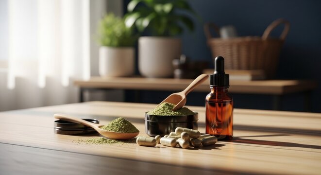 Herbal remedies and natural medicine preparation on a wooden table.