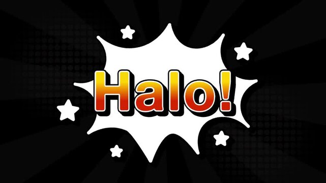 Halo text word lettering popup comic cartoon reveal with bomb and smoke explosion manga anime book page dots with radial speed lines doodle black background with seamless loop animation retro	