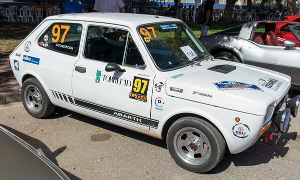 Tavernes Blanques, Spain - June 14, 2026. White Autobianchi Abarth retro rally car displayed at a classic vehicle event in Spain