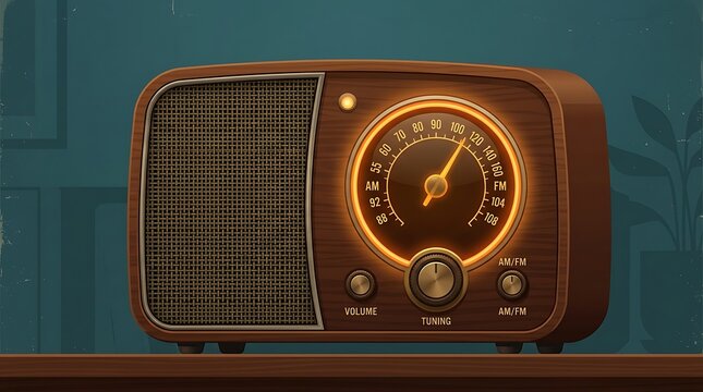 Classic radio with a glowing tuning dial, minimal text, clean vector illustration, vintage style