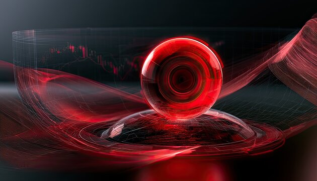 Abstract 3D render of a red orb on a reflective surface with flowing light trails