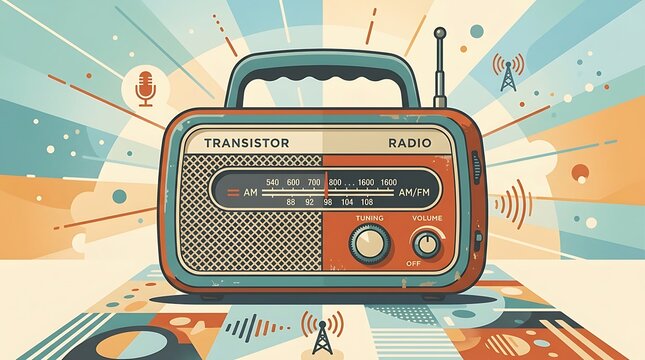 Portable transistor radio, minimal text, clean flat vector artwork, nostalgic broadcasting theme