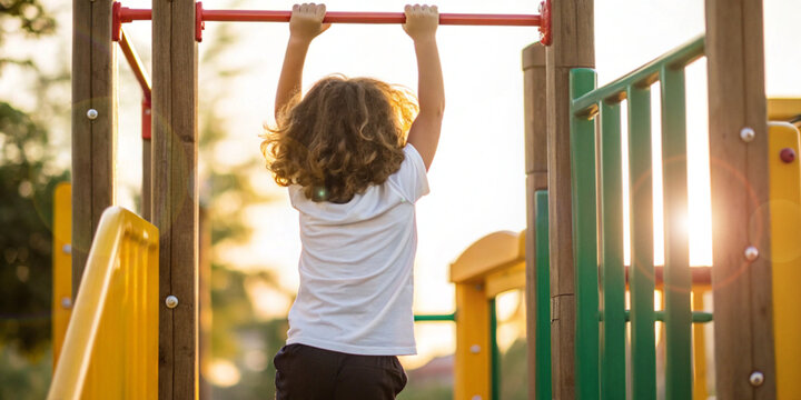 Fun childhood and growing up freely with the back of a child hanging on the monkey bars at an outdoor playground