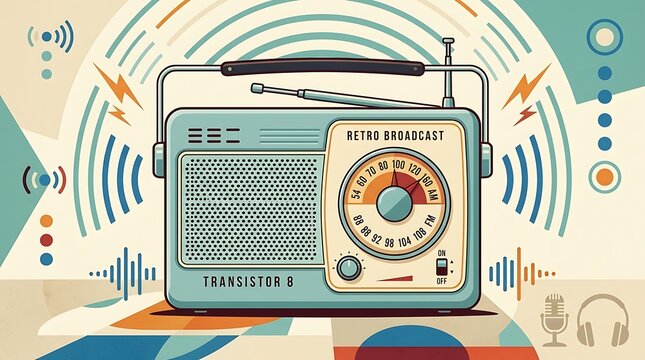A portable transistor radio with a retro broadcasting motif, clean, flat vector artwork, and little text