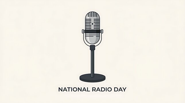 Minimal National Radio Day writing, a vintage microphone on a stand, and a simple flat vector design