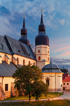 View of the pilgrimage basilica of St. Nicholas in Trnava after sunset