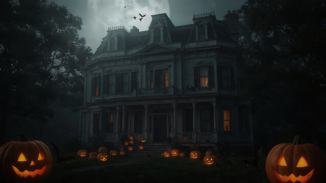 Spooky old manor house shrouded in night mist with glowing jack-o'-lanterns spread across the front yard, created with generative ai.