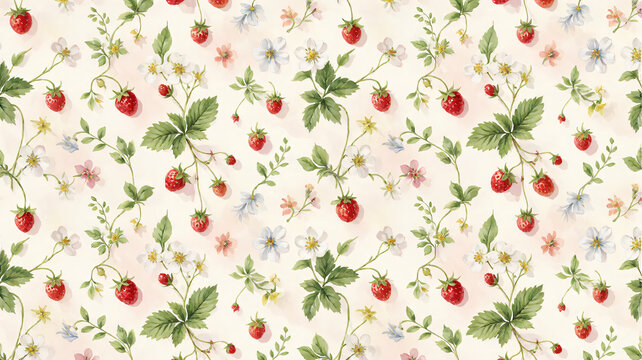 Premium Seamless Wild Strawberry Cottage Garden Watercolor Fabric Pattern