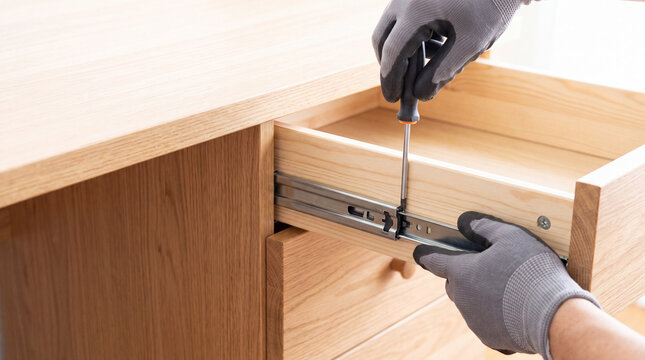 Person adjusting a desk drawer slide rail with a screwdriver. Hands in gloves installing furniture hardware. DIY home repair concept