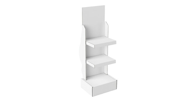 Blank white cardboard display stand with multiple shelves, isolated on transparent background