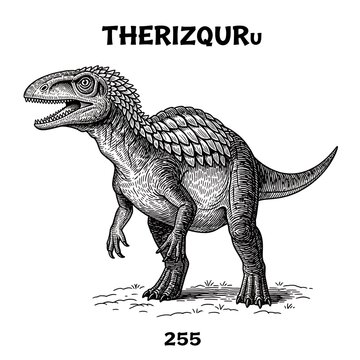 Vintage style illustration of a therizinosaur dinosaur creature.