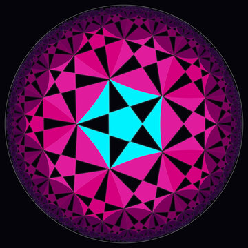 Hyperbolic geometry kaleidoscope pattern in pink and cyan