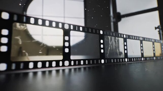 Sliding camera moving black perforated film strip along table by arched window, revealing scratches