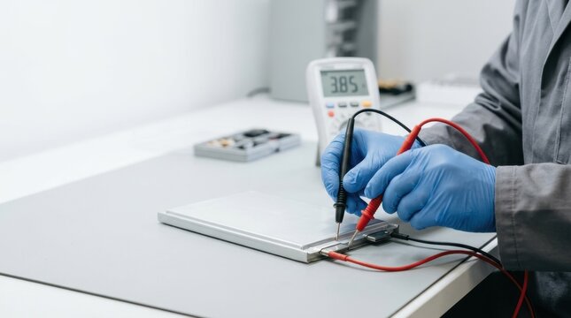 Technician testing battery cell voltage with multimeter probes. Close up of gloved hands measuring electrical component in a laboratory