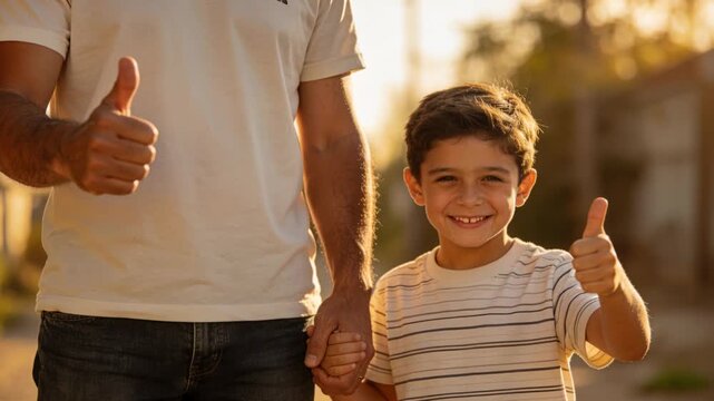 Photographer signaling father and son holding hands, giving thumbs-up on quiet street for keepsake