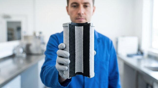 Technician holding a cross section of a carbon block water filter. Male worker in a blue lab coat inspecting activated charcoal filtration structure in a laboratory