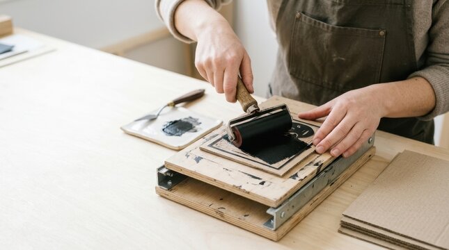 Artist applying black ink to a carved block with a roller. Person in an apron using a manual wooden printing press for traditional printmaking in an art studio