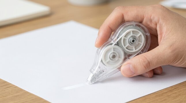 Hand applying white correction tape on blank paper document. Clear plastic dispenser with visible gears on wooden desk. Copy space for text