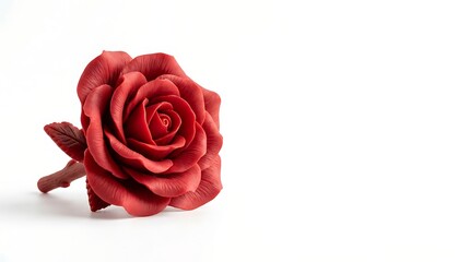 Fototapeta premium Single Red Red Rose Isolated on White Background with Green Leaf for Love Romance Valentine and Floral Gift Concept