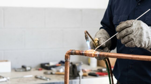 Close up of technician hands brazing copper pipe joint with torch. Plumber welding copper tubing in workshop