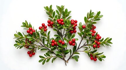 Naklejka premium Fresh green holly branches with bright red berries for christmas seasonal winter holiday decoration. american bearberry