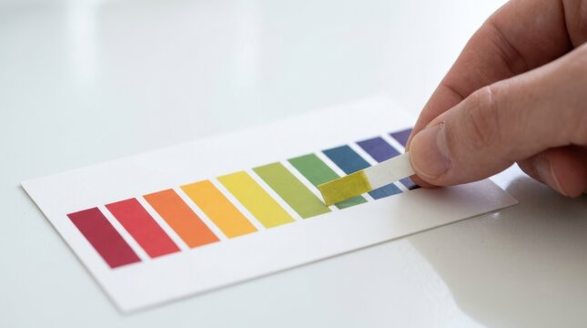 Hand holding a pH test strip next to a color comparison chart. Measuring acidity and alkalinity levels with indicator paper in a laboratory