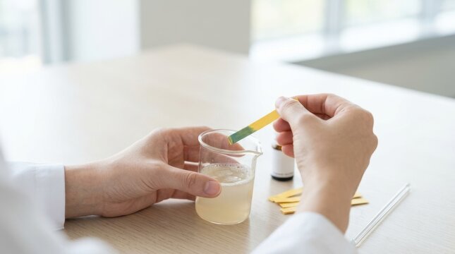 Laboratory technician testing the pH level of a soap solution in a glass beaker. Chemist using indicator paper strip to measure acidity in a lab
