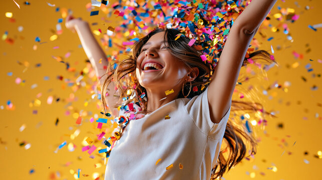 Happy young woman jumping with excitement while throwing colorful confetti into the air on a vibrant solid yellow background joyful celebration dynamic full body pose ultra photorealism, cinematic c