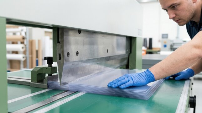 Worker in blue gloves cutting clear plastic sheets with an industrial guillotine machine. Precision fabrication of transparent acrylic panels