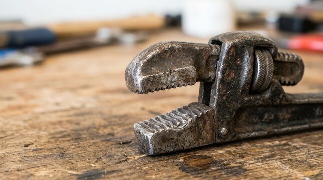 Close up of worn teeth on an old rusty pipe wrench. Vintage metal hand tool resting on a weathered wooden workbench