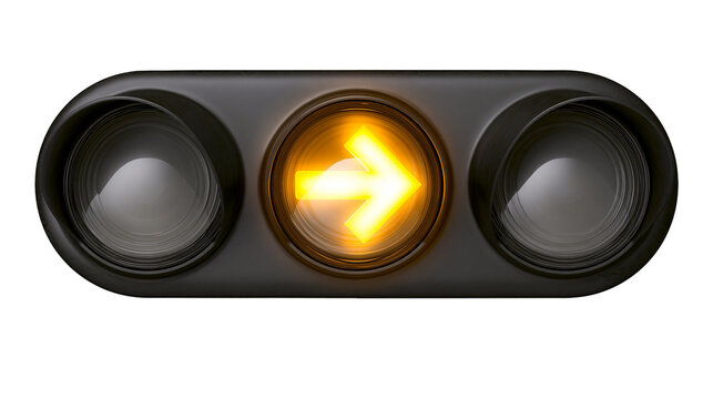 Black traffic signal with illuminated yellow arrow pointing right, isolated on transparent background