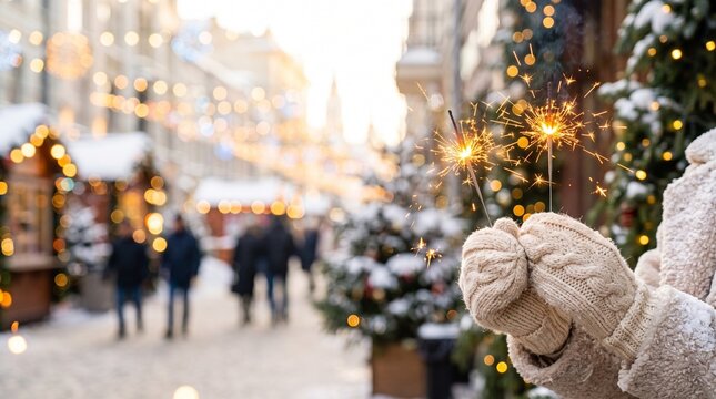 Close up view of hands in ivory mittens waving burning sparklers with winter city street background illustrating organic minimal concept layout for new year holiday campaign