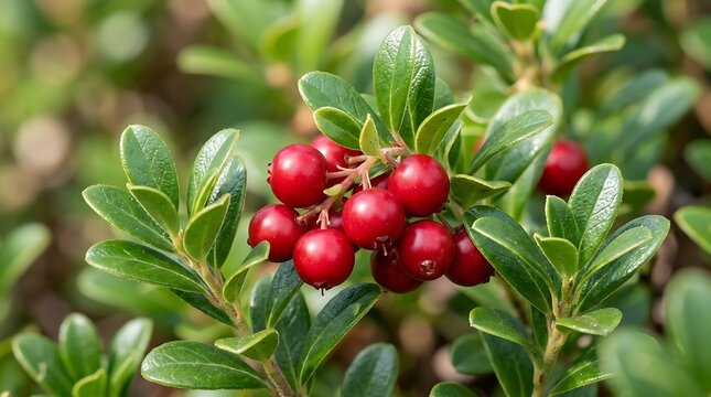 Fresh red lingonberries growing on a green bush in the forest during a bright and sunny summer day. american bearberry