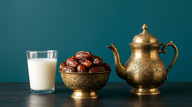 Traditional Dates with Milk and Brass Teapot for Ramadan Iftar Celebration