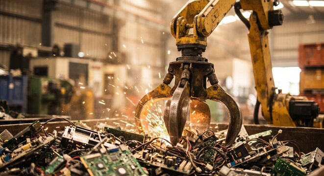 Industrial robotic claw sorting electronic waste in a recycling facility with bright sparks flying from the mechanical grabber as it processes circuit boards