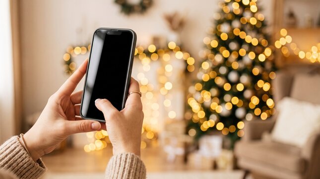 Close up view of hands holding smartphone with blank textless screen over cozy room gold bokeh background illustrating organic minimal concept layout for new year holiday campaign