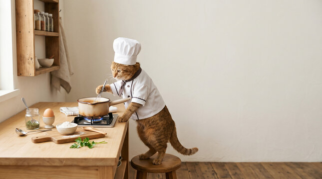 Chef Cat Cooking: A tabby cat dressed as a chef, wearing a toque blanche and chef's coat, diligently stirs a pot on a gas stove in a cozy kitchen setting. The scene is filled with culinary elements.