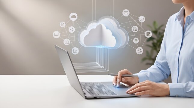Modern cloud synchronization platform with floating digital network interface over laptop illustrating seamless business workflow and data sharing