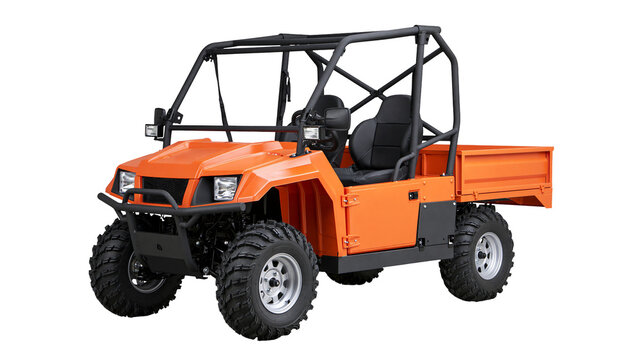 Orange utility vehicle with black roll cage and cargo bed, isolated on transparent background