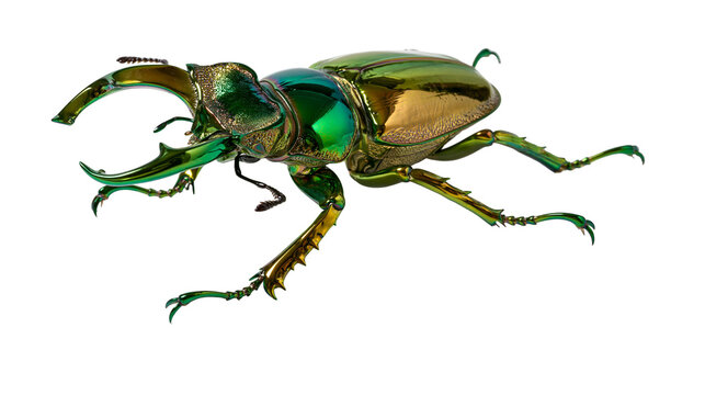Metallic green stag beetle with large mandibles, isolated on transparent background